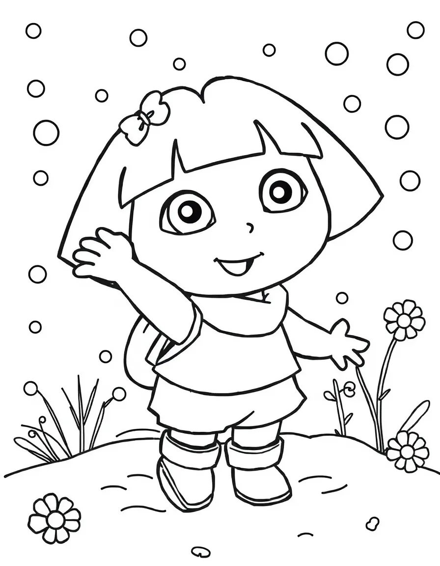 Dora the Explorer playing in the snow, with playful patterns around.