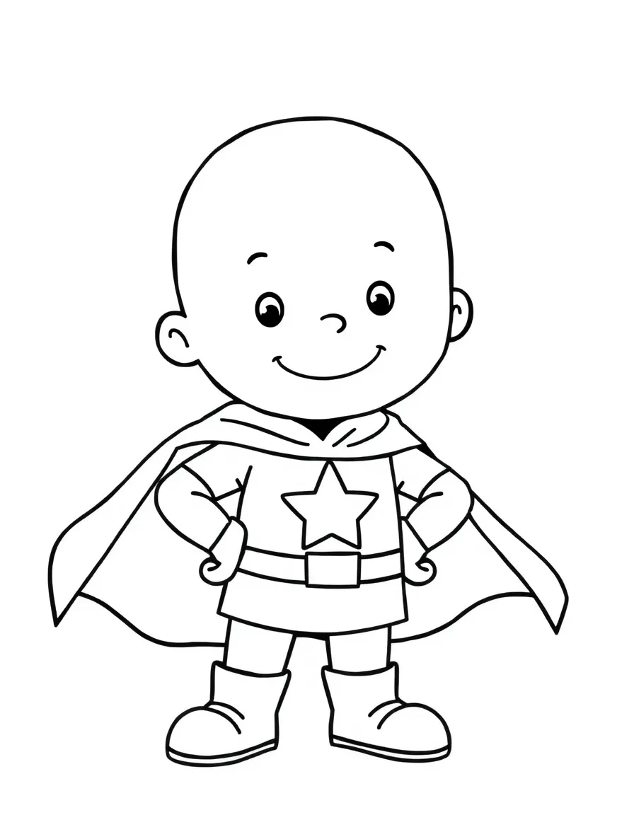 Caillou wearing a superhero costume, with big bold outlines for easy coloring.