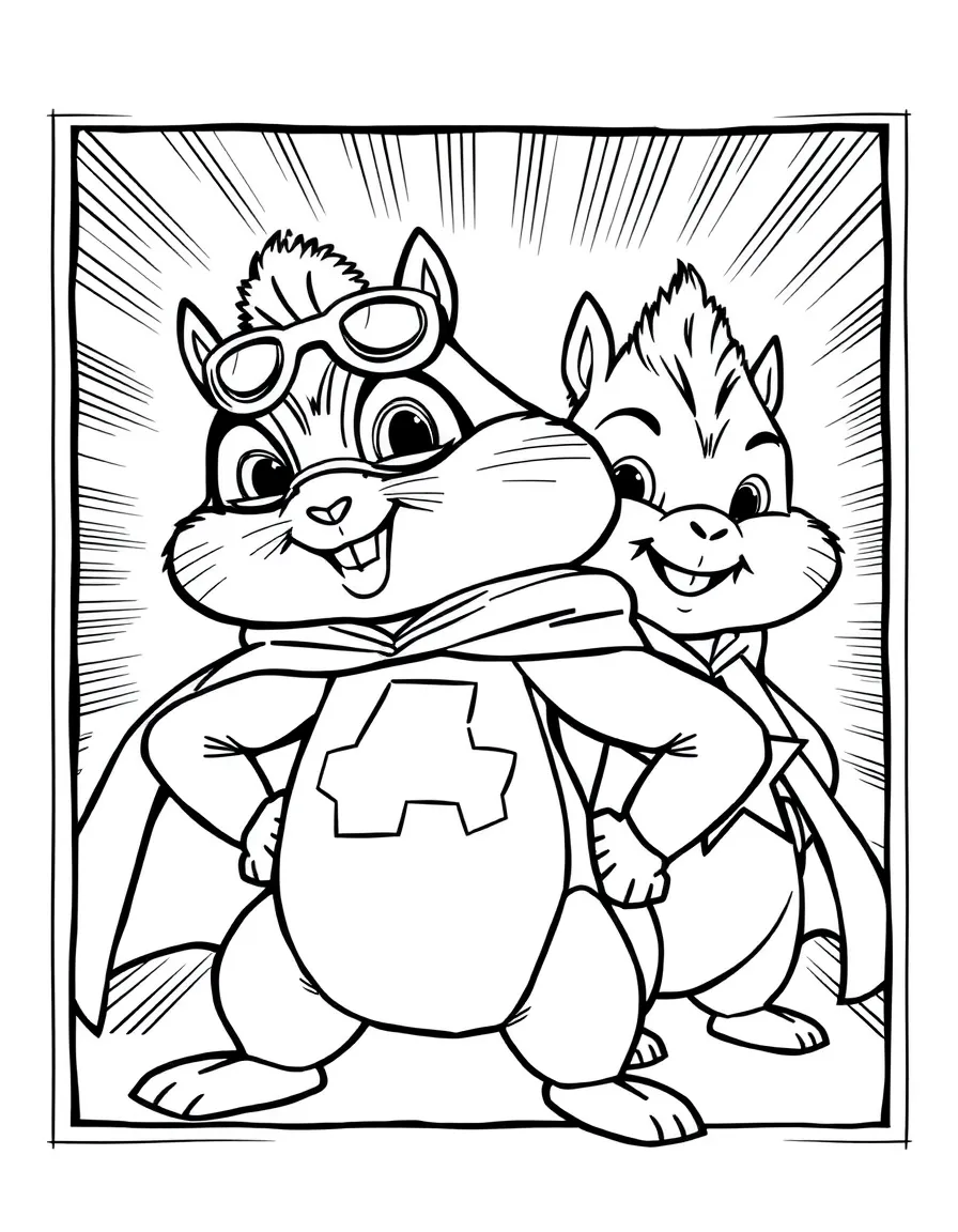 Alvin and the Chipmunks wearing a superhero costume, inside a comic book frame.