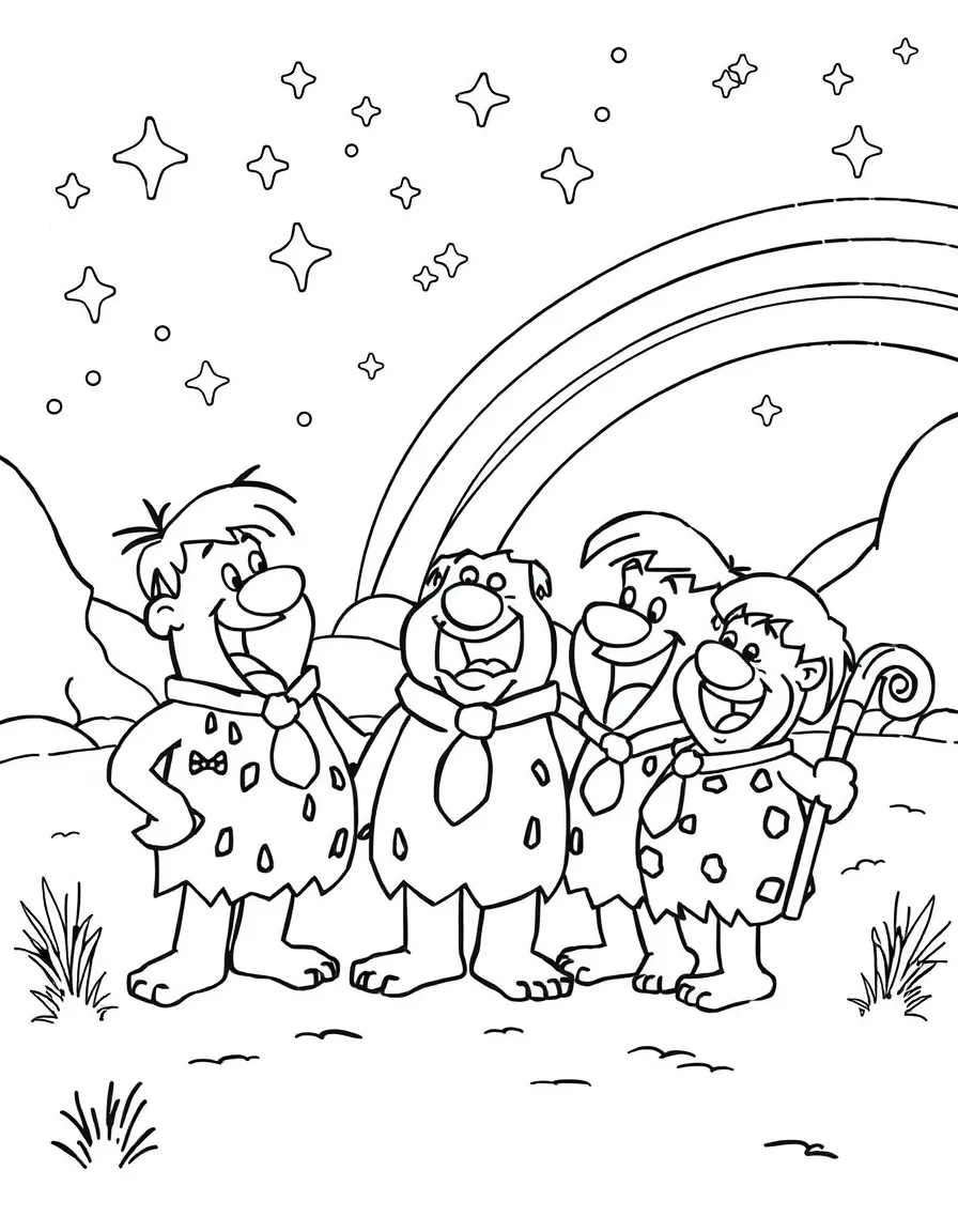 The Flintstones playing in the snow, with stars and rainbows in the background.