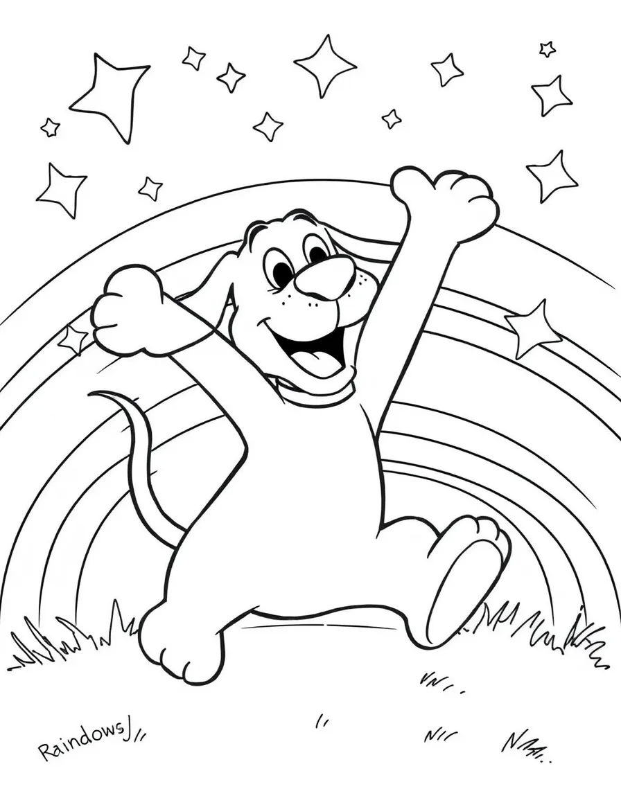 Clifford the Big Red Dog jumping with joy, with stars and rainbows in the background.