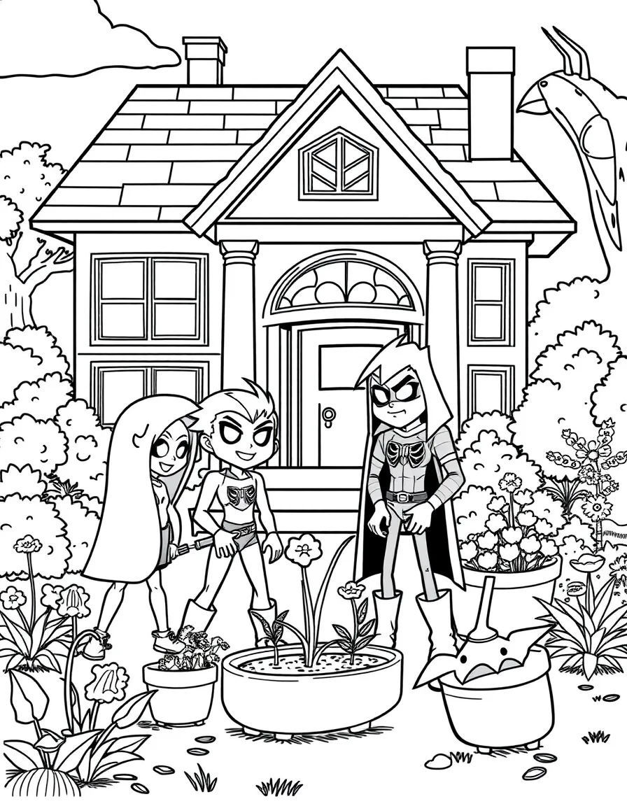 Teen Titans gardening, in front of their famous house or scene.