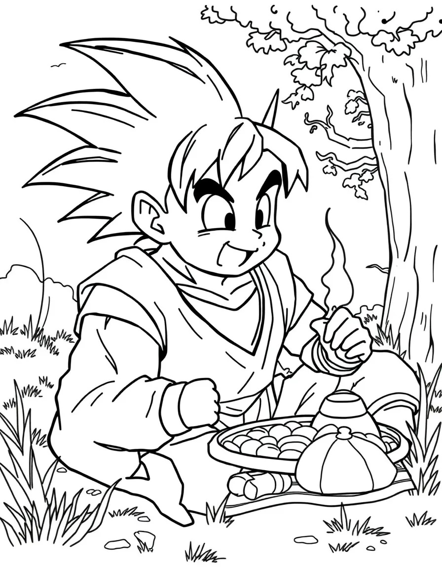 Goku having a picnic, with big bold outlines for easy coloring.