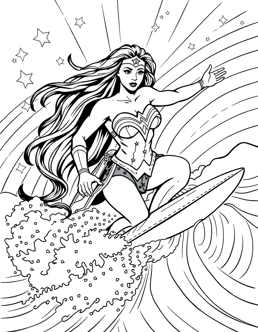 Wonder Woman surfing on waves, with stars and rainbows in the background.