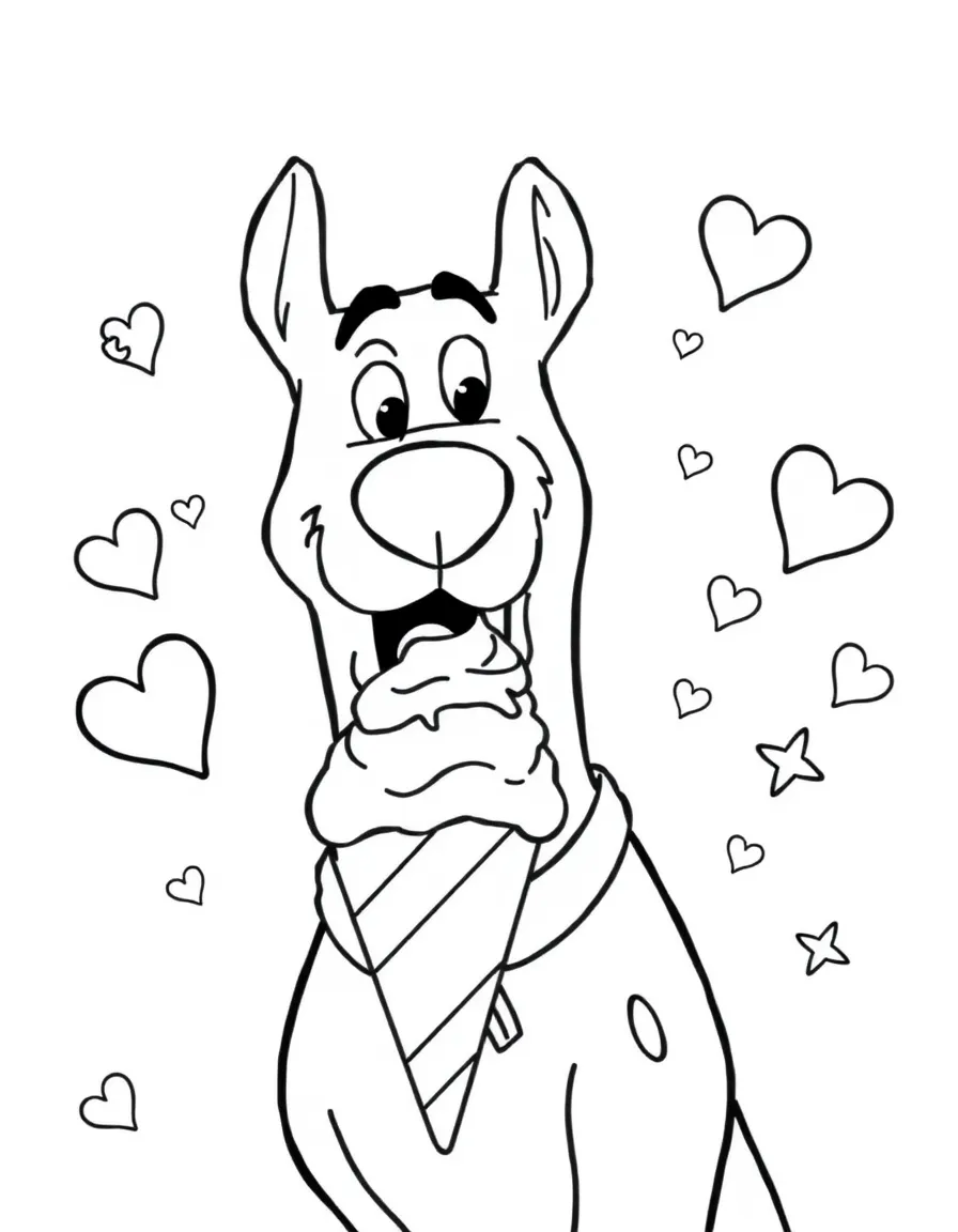 Scooby-Doo enjoying an ice cream cone, with hearts and sparkles around.
