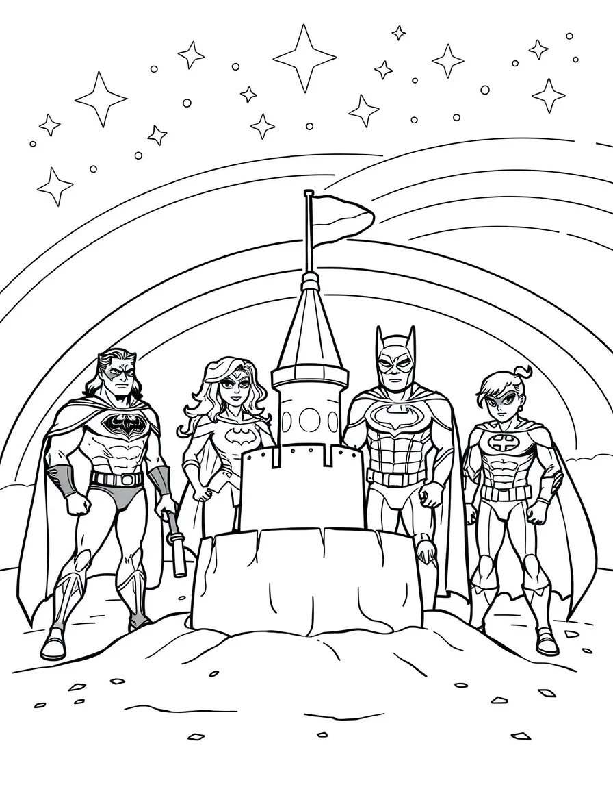 Justice League building a sandcastle, with stars and rainbows in the background.