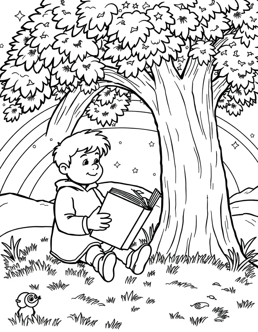 Arthur reading a book under a tree, with stars and rainbows in the background.