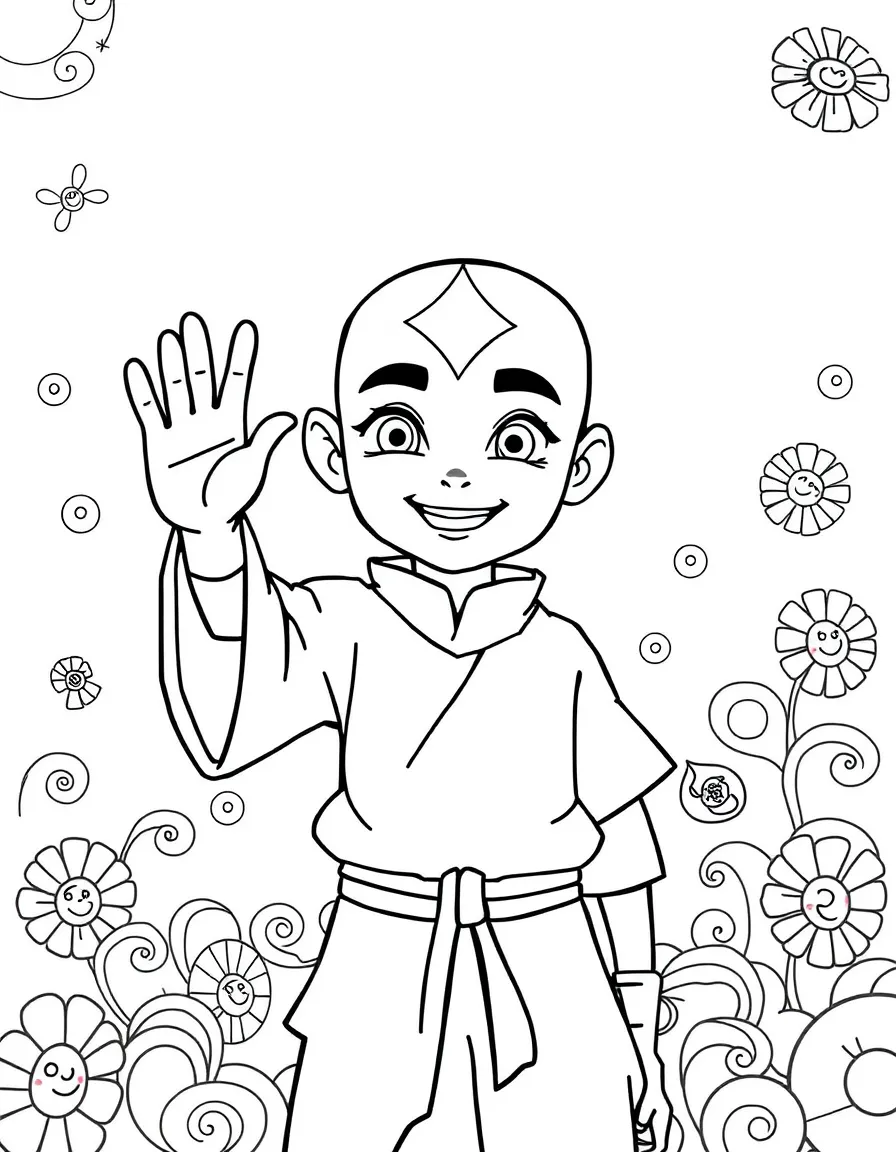 Avatar: The Last Airbender waving hello, with playful patterns around.