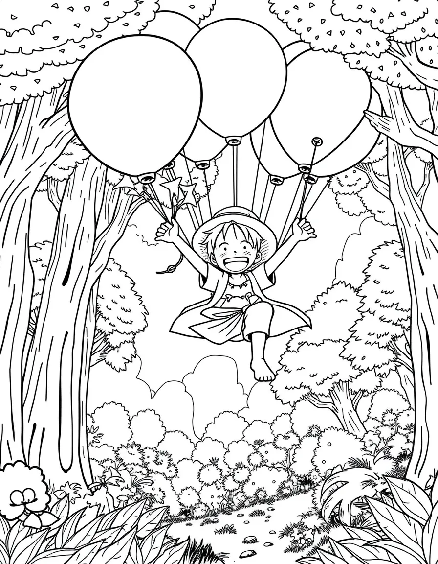 One Piece flying with balloons, in a magical forest setting.
