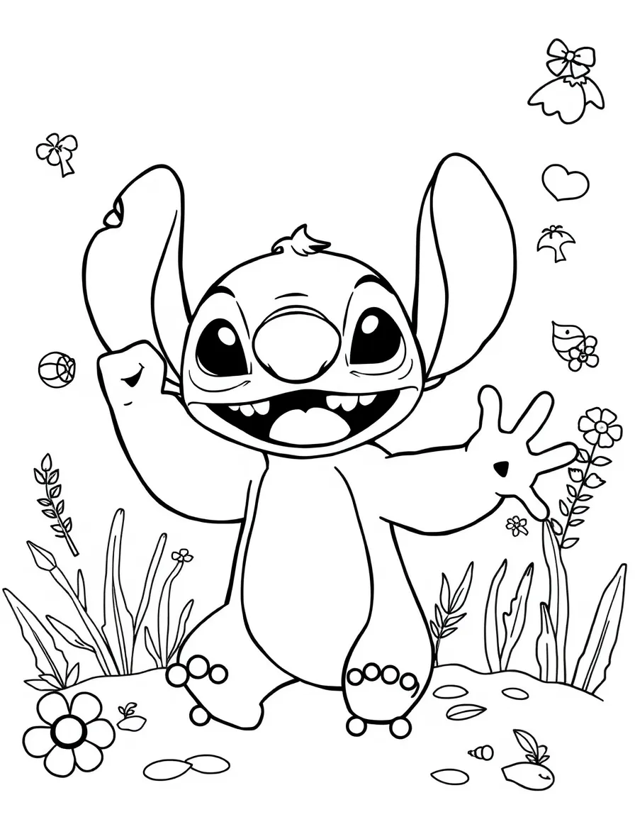 Lilo and Stitch waving hello, with fun background elements.