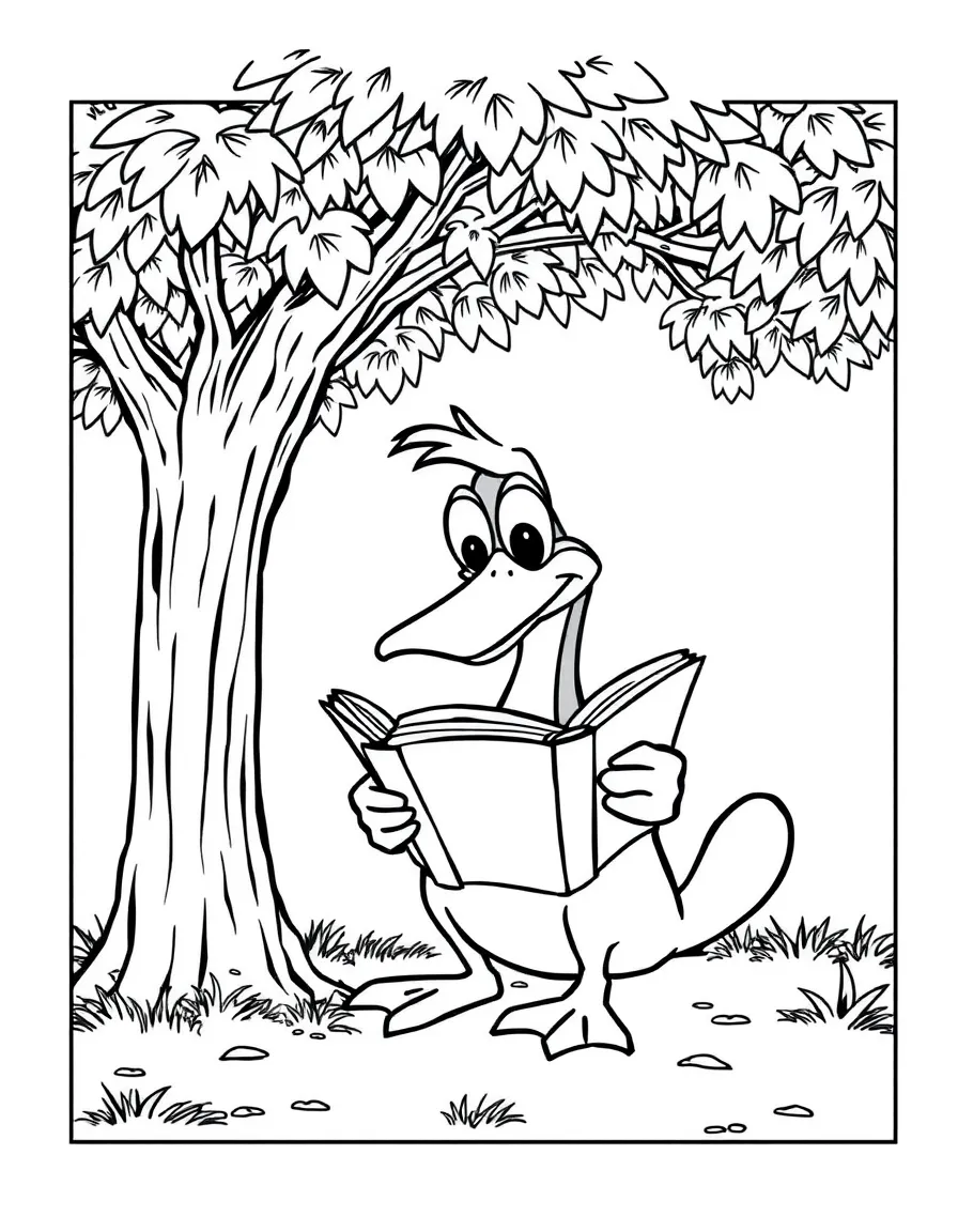 Perry the Platypus reading a book under a tree, inside a comic book frame.