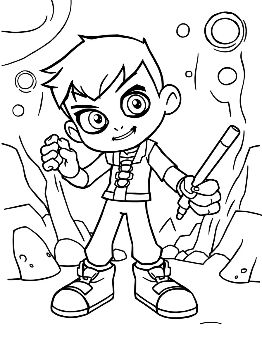 Ben 10 painting a picture, with big bold outlines for easy coloring.