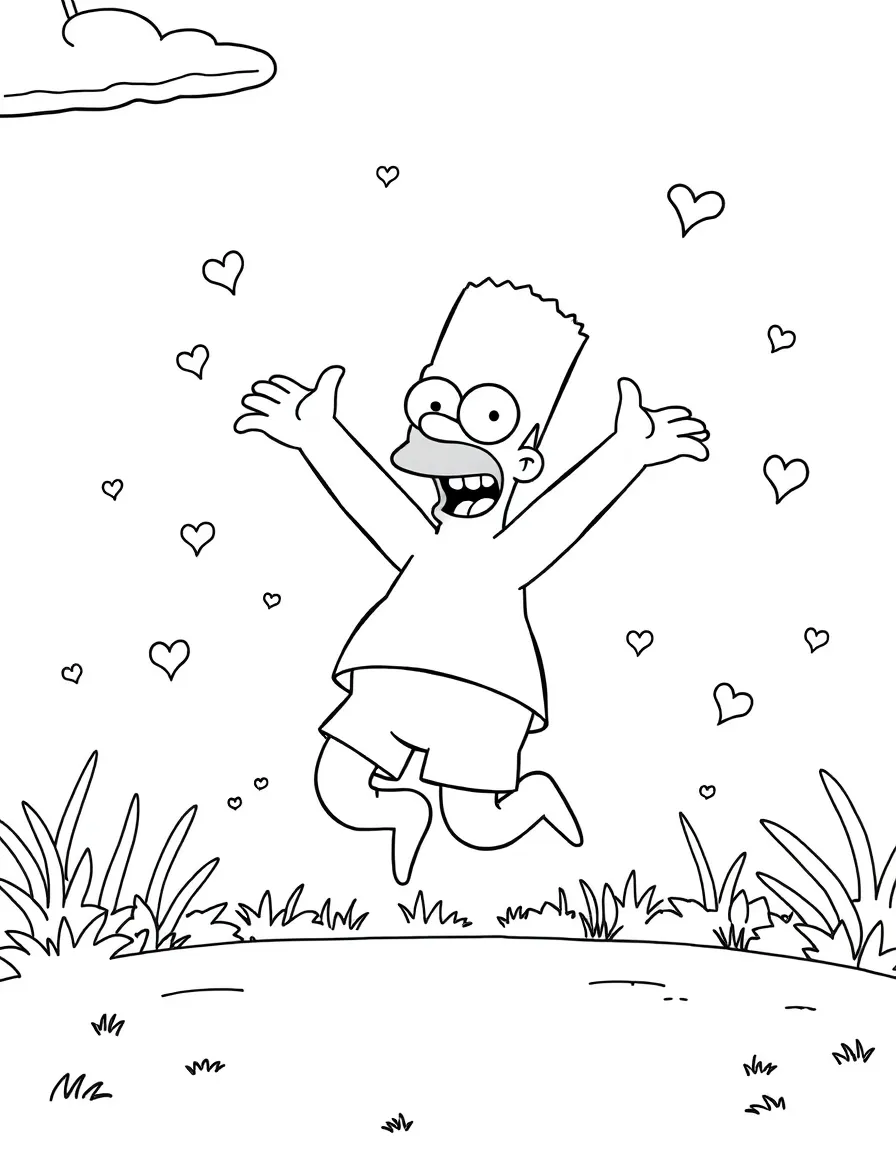 Simpsons jumping with joy, with fun background elements.