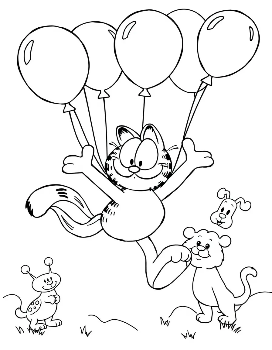 Garfield flying with balloons, surrounded by friendly animals.