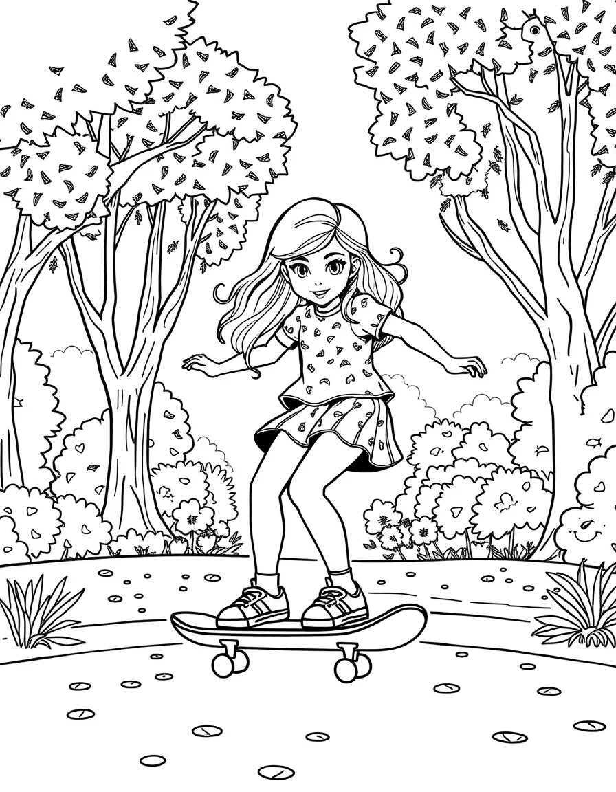 Daphne skateboarding in the park, with playful patterns around.
