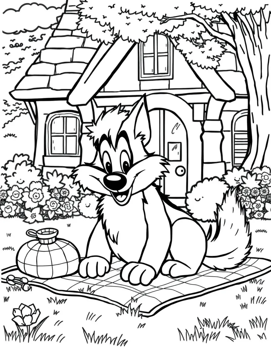 Sylvester having a picnic, in front of their famous house or scene.