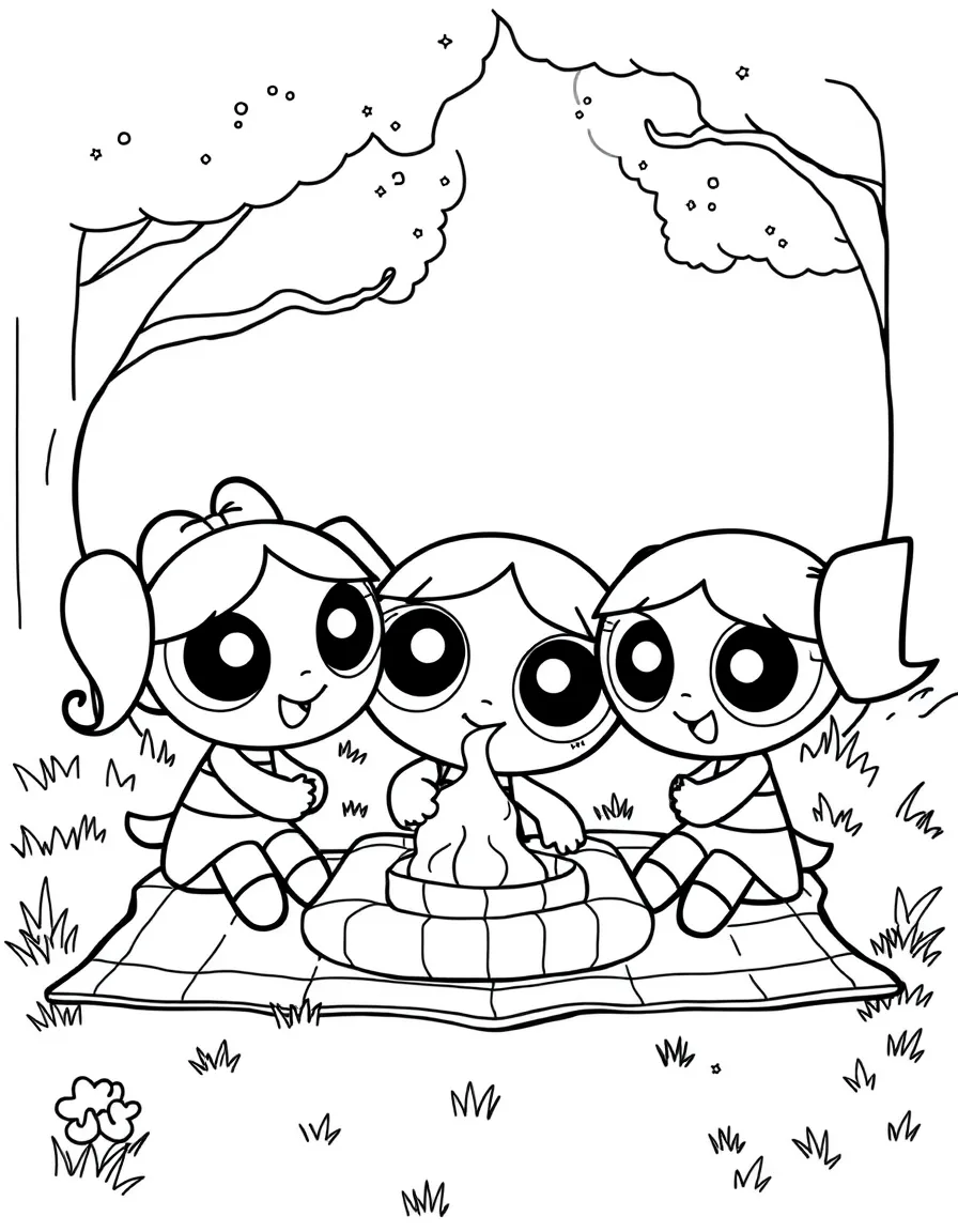 Powerpuff Girls having a picnic, with big bold outlines for easy coloring.