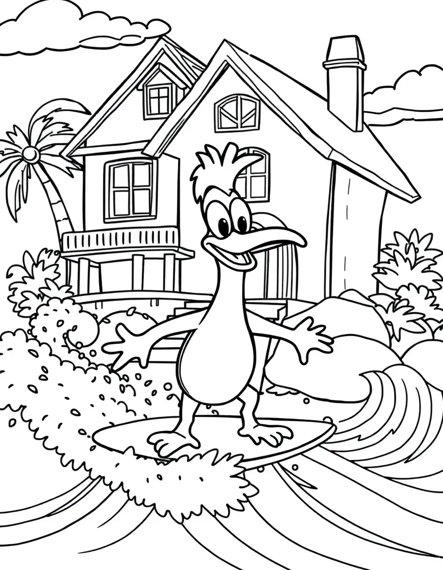 Perry the Platypus surfing on waves, in front of their famous house or scene.