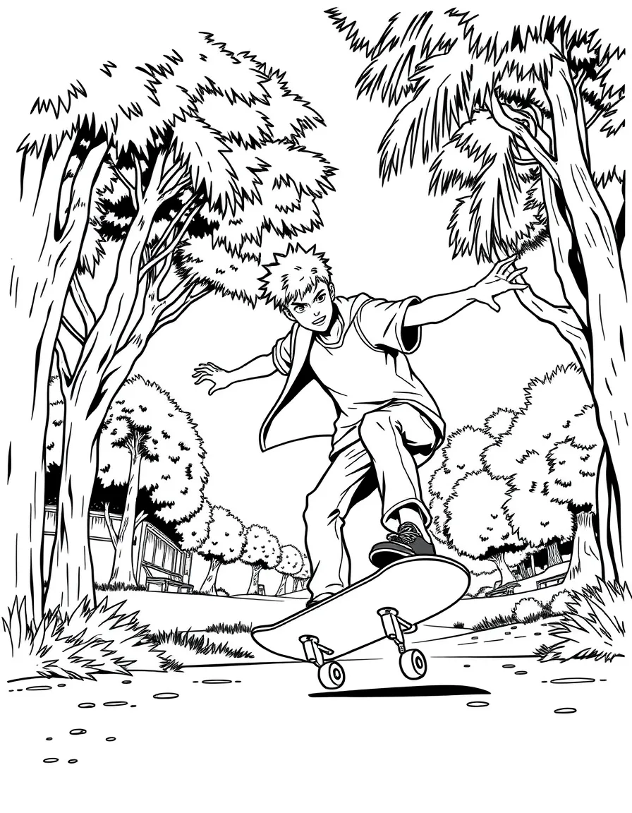 Zoro skateboarding in the park, inside a comic book frame.