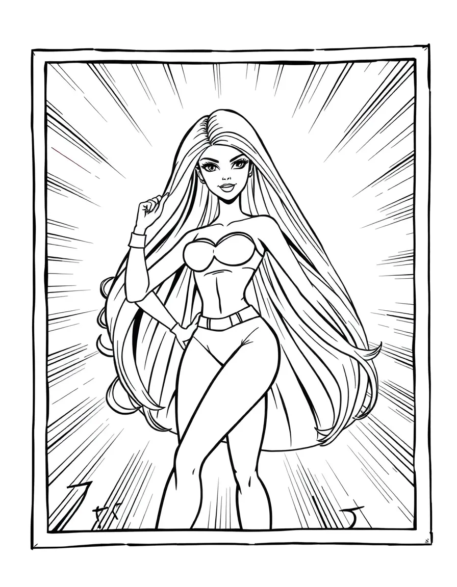 Barbie posing heroically, inside a comic book frame.