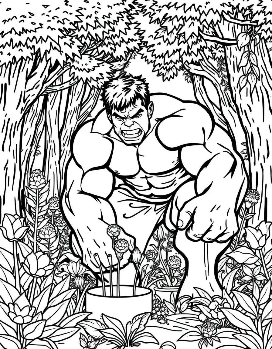 Hulk gardening, in a magical forest setting.