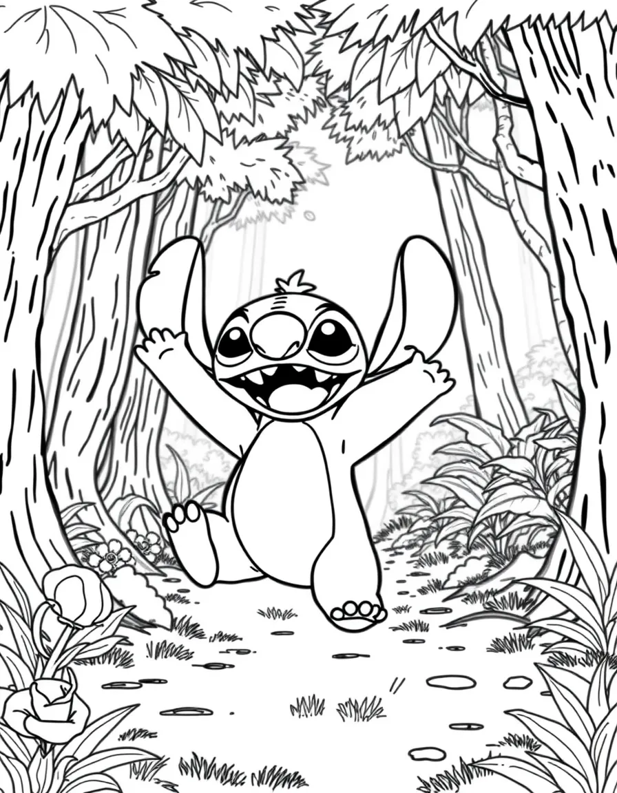 Lilo and Stitch jumping with joy, in a magical forest setting.