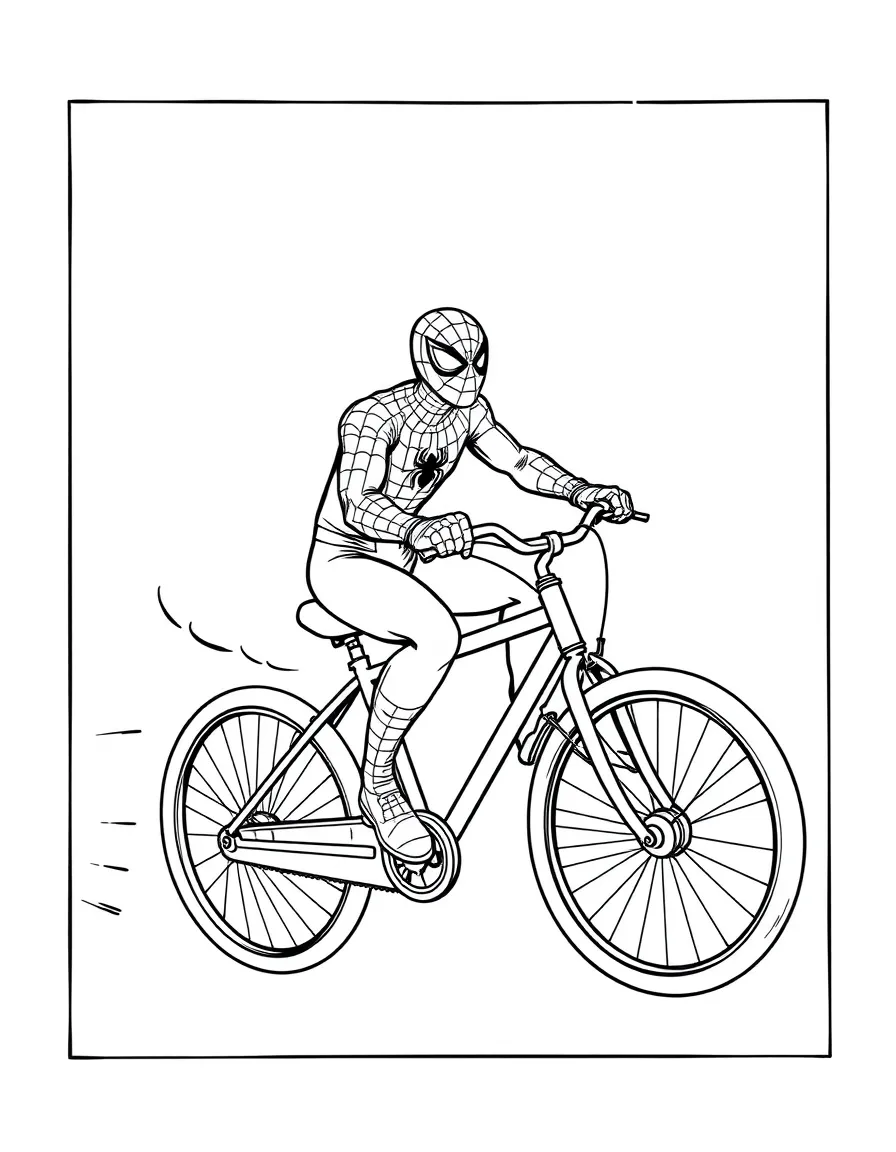 Spider-Man riding a bicycle, inside a comic book frame.