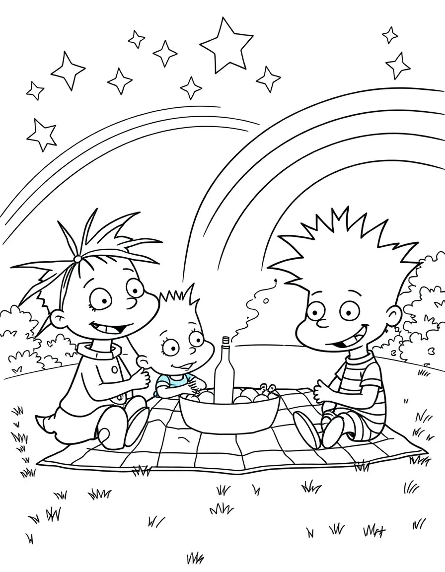 Rugrats having a picnic, with stars and rainbows in the background.
