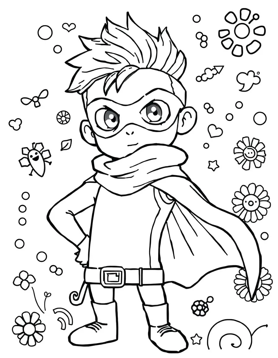 Zoro wearing a superhero costume, with playful patterns around.