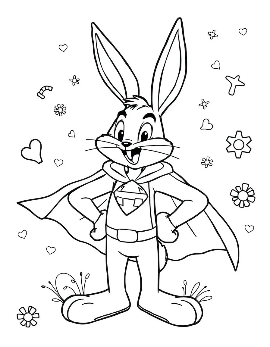 Bugs Bunny wearing a superhero costume, with playful patterns around.