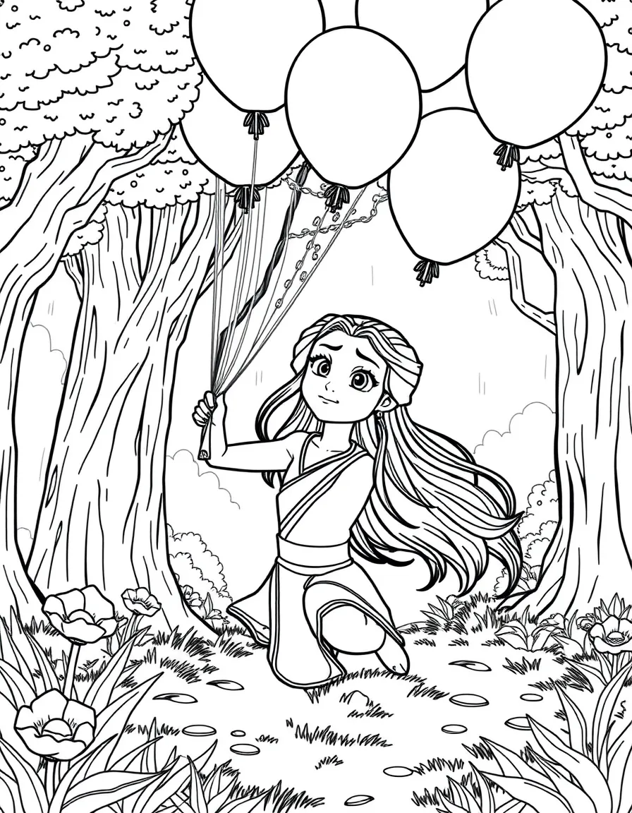 Legend of Korra playing with balloons, in a magical forest setting.