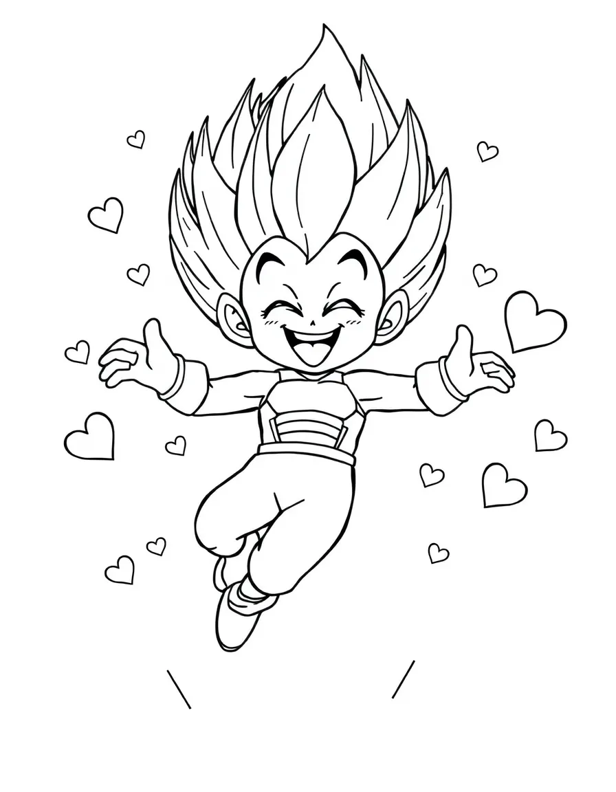 Vegeta jumping with joy, with hearts and sparkles around.