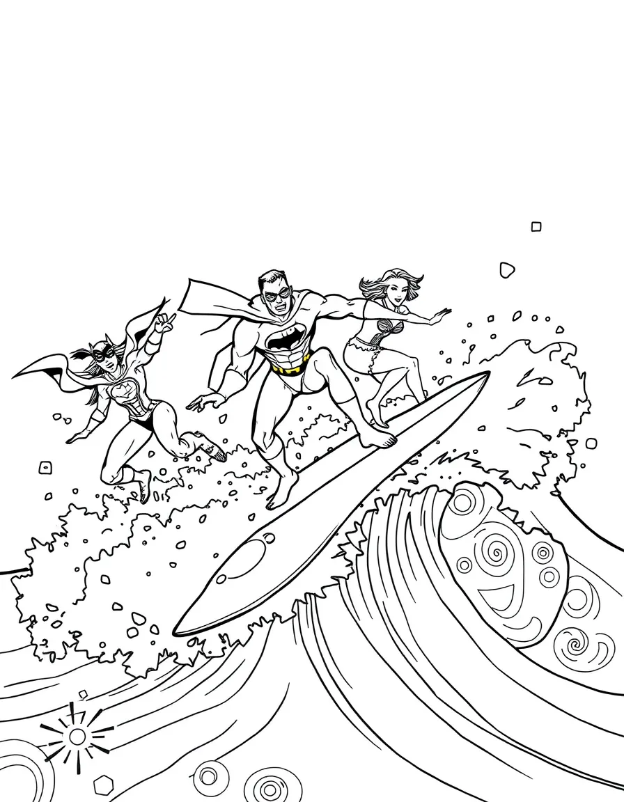 Justice League surfing on waves, with playful patterns around.