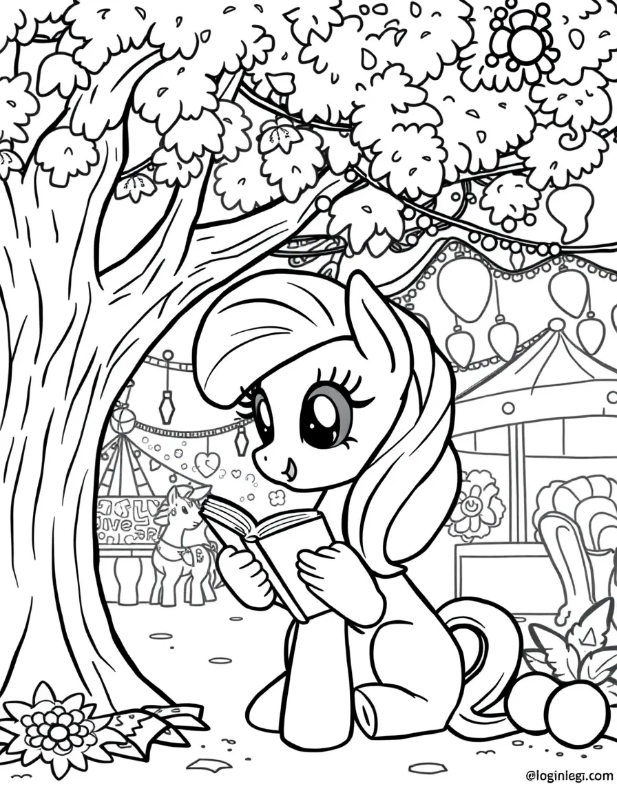 My Little Pony reading a book under a tree, at a carnival with colorful decorations.