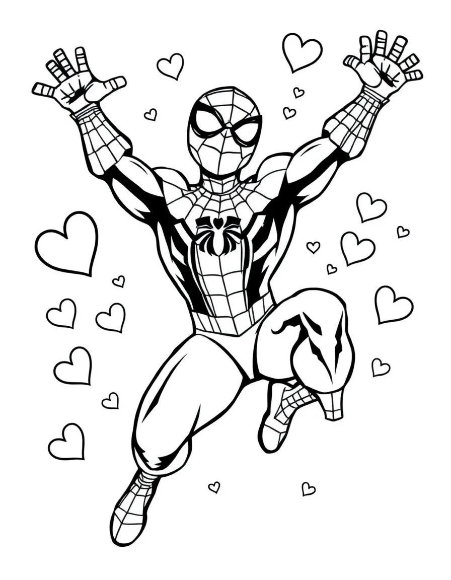 Spider-Man jumping with joy, with hearts and sparkles around.
