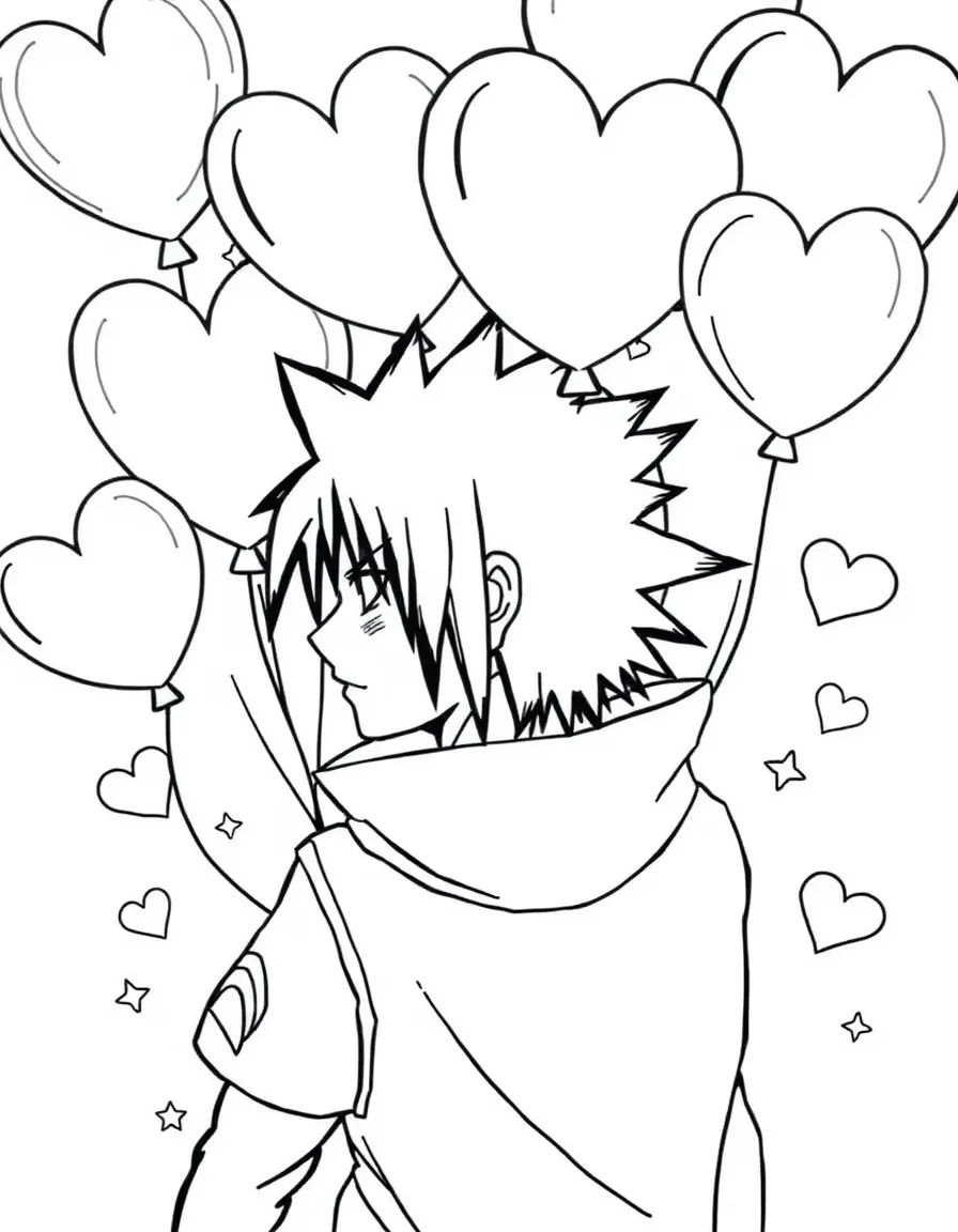 Sasuke playing with balloons, with hearts and sparkles around.