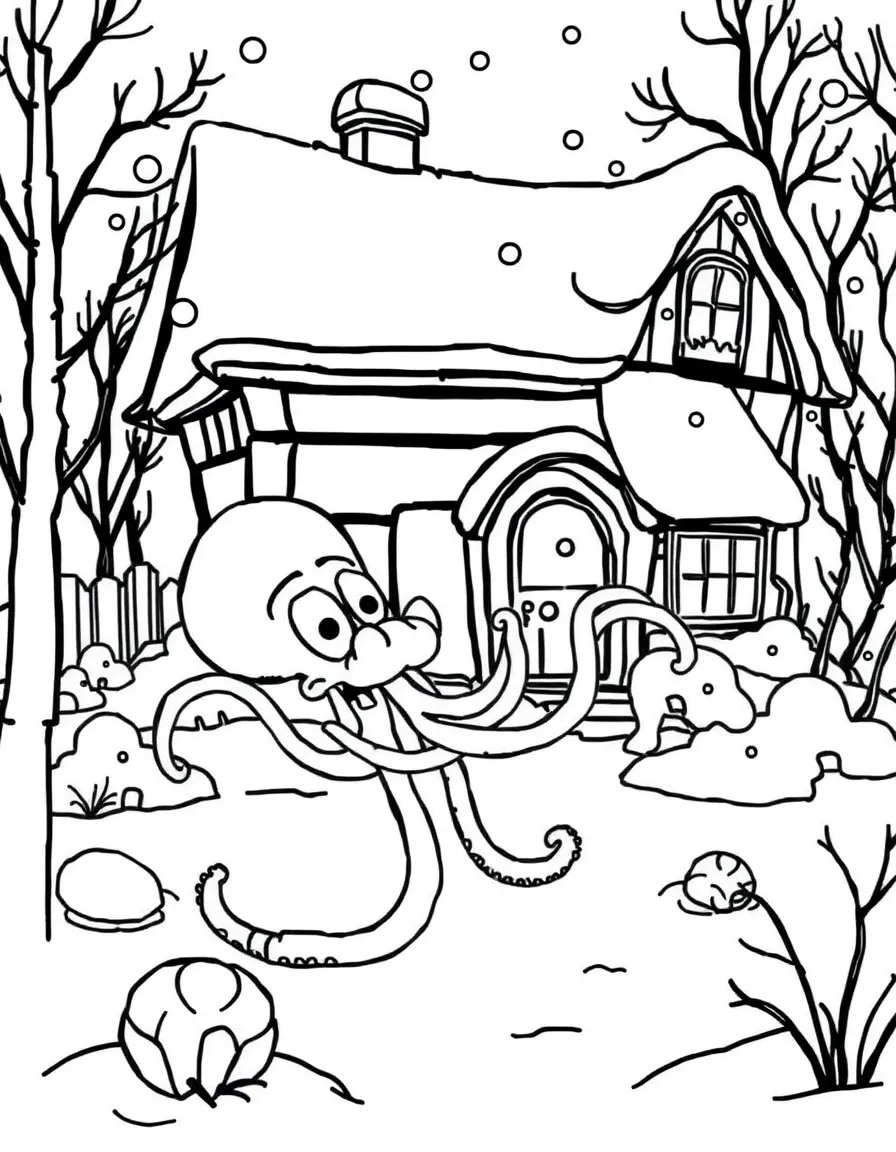 Squidward Tentacles playing in the snow, in front of their famous house or scene.