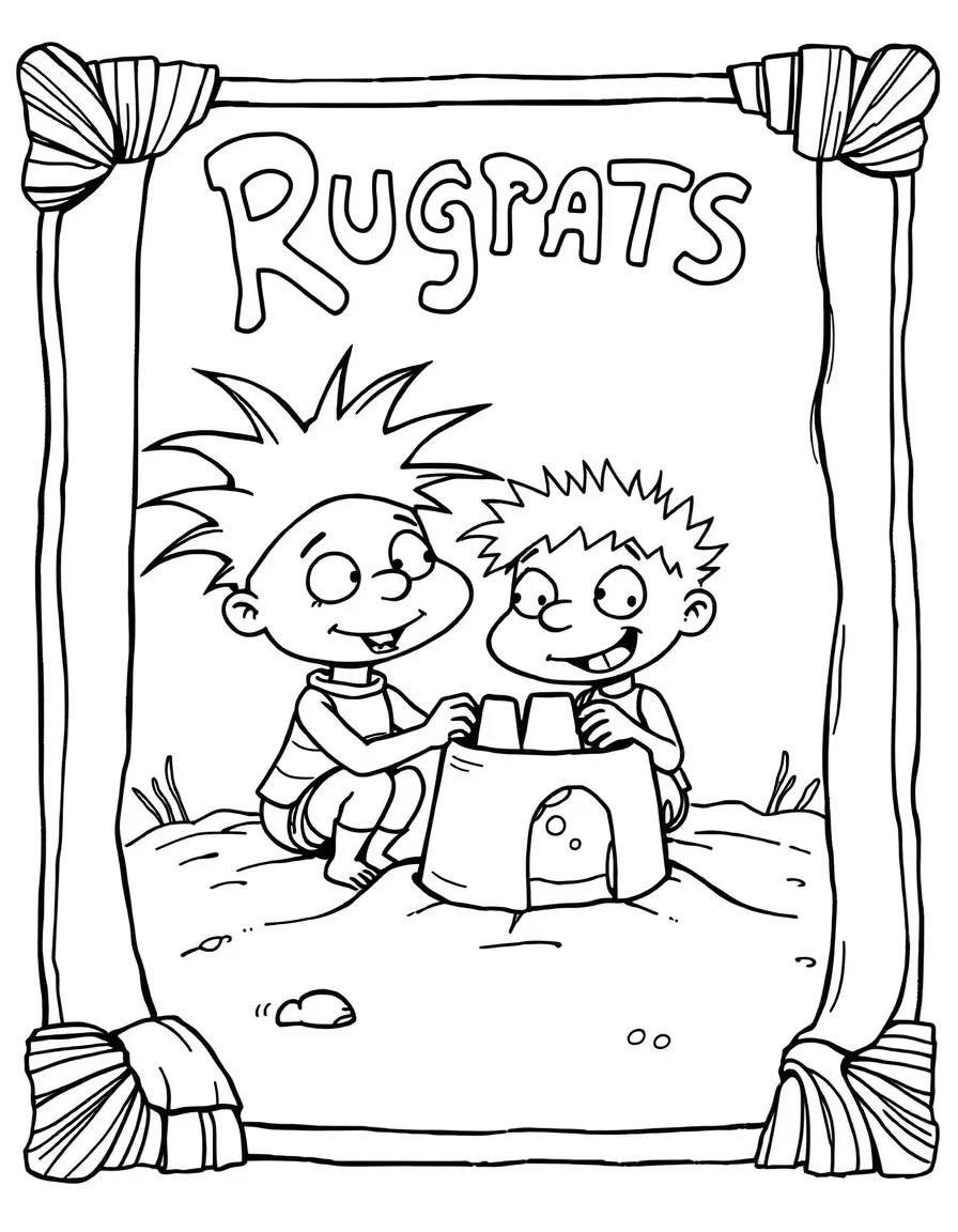 Rugrats building a sandcastle, inside a comic book frame.