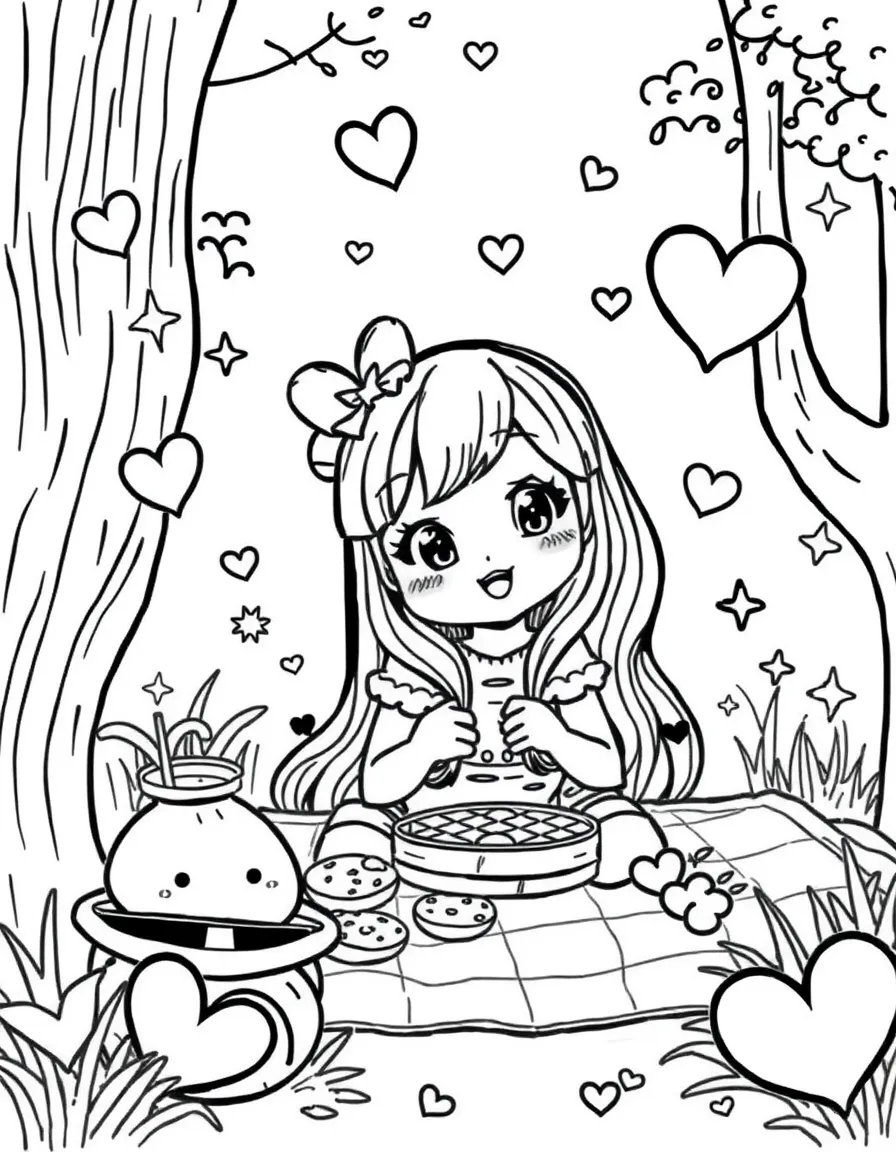 Nami having a picnic, with hearts and sparkles around.