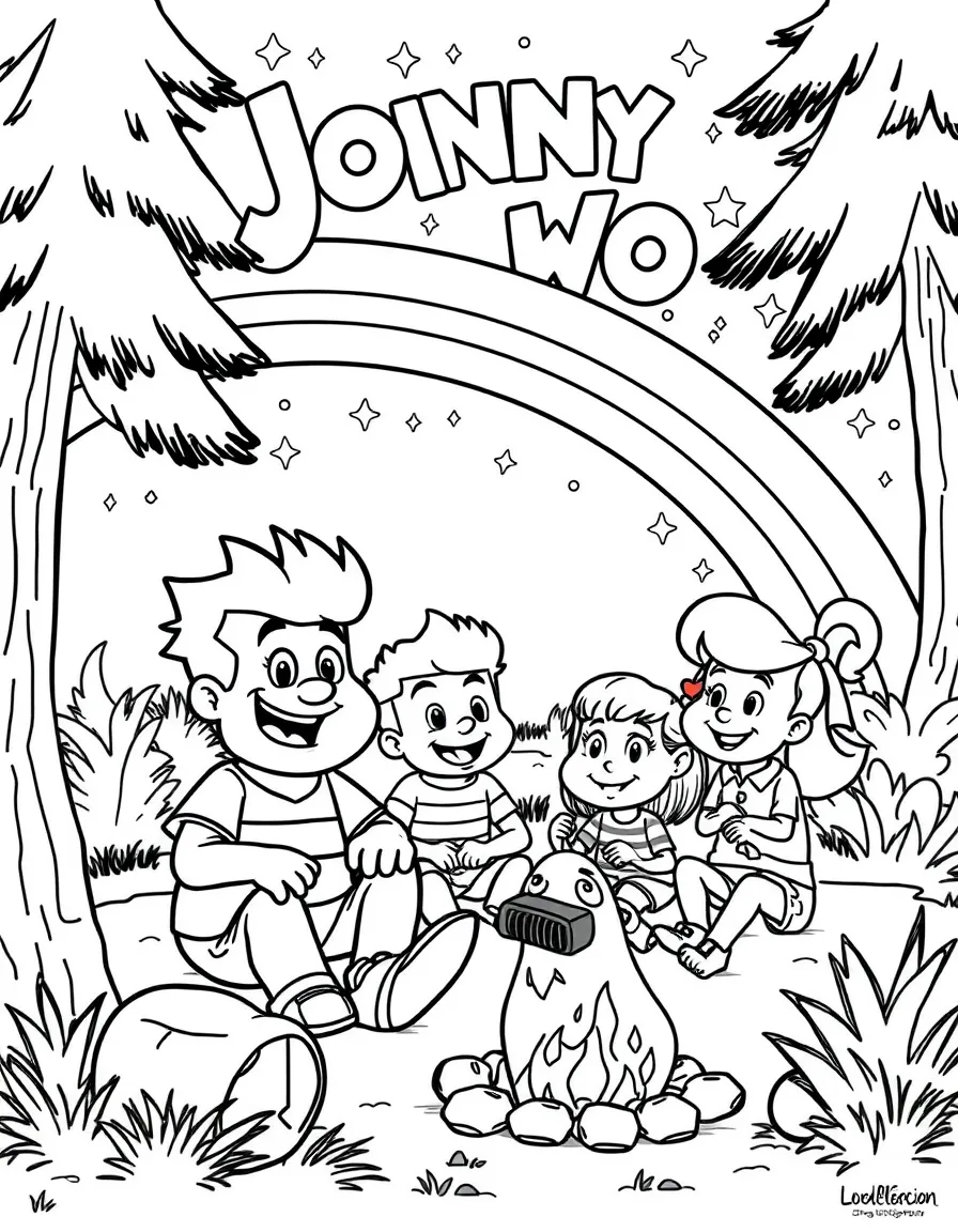 Johnny Bravo camping with friends, with stars and rainbows in the background.