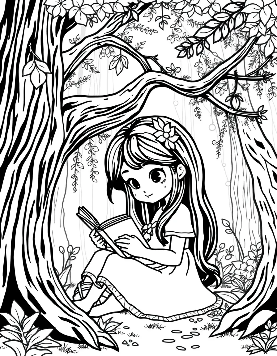 Nami reading a book under a tree, in a magical forest setting.
