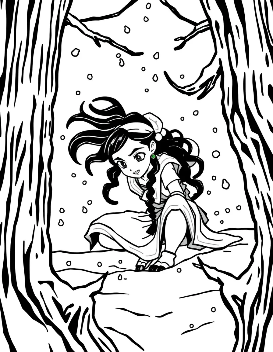Legend of Korra playing in the snow, inside a comic book frame.