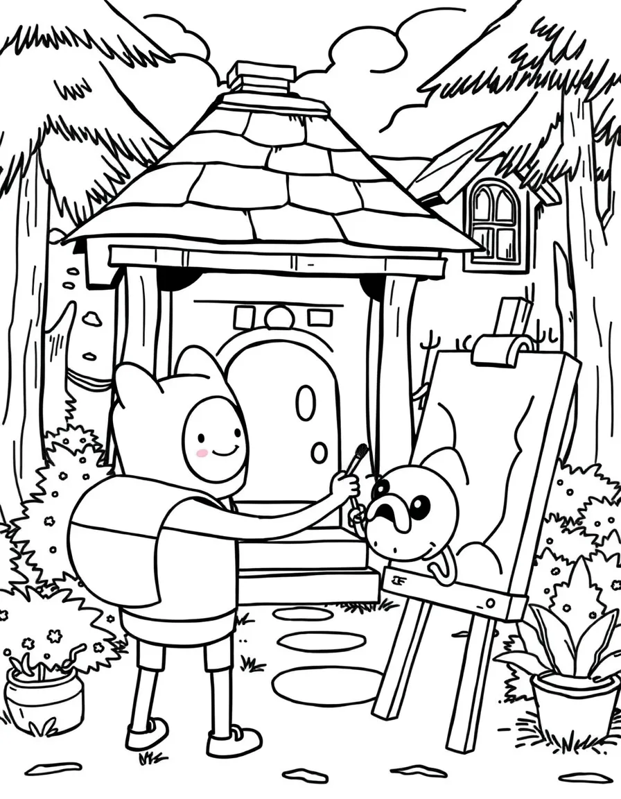 Finn and Jake painting a picture, in front of their famous house or scene.