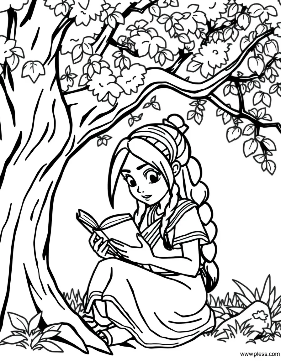 Legend of Korra reading a book under a tree, with big bold outlines for easy coloring.