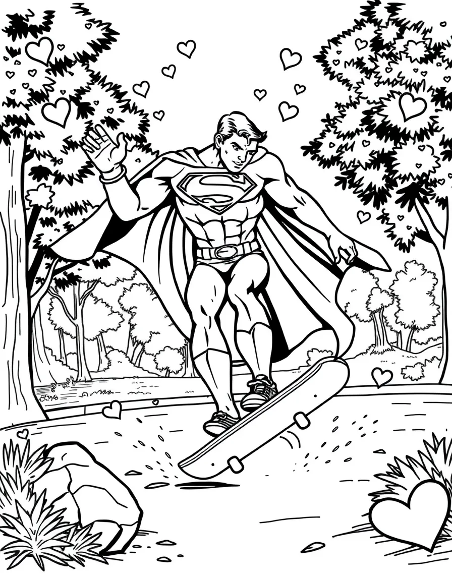 Superman skateboarding in the park, with hearts and sparkles around.