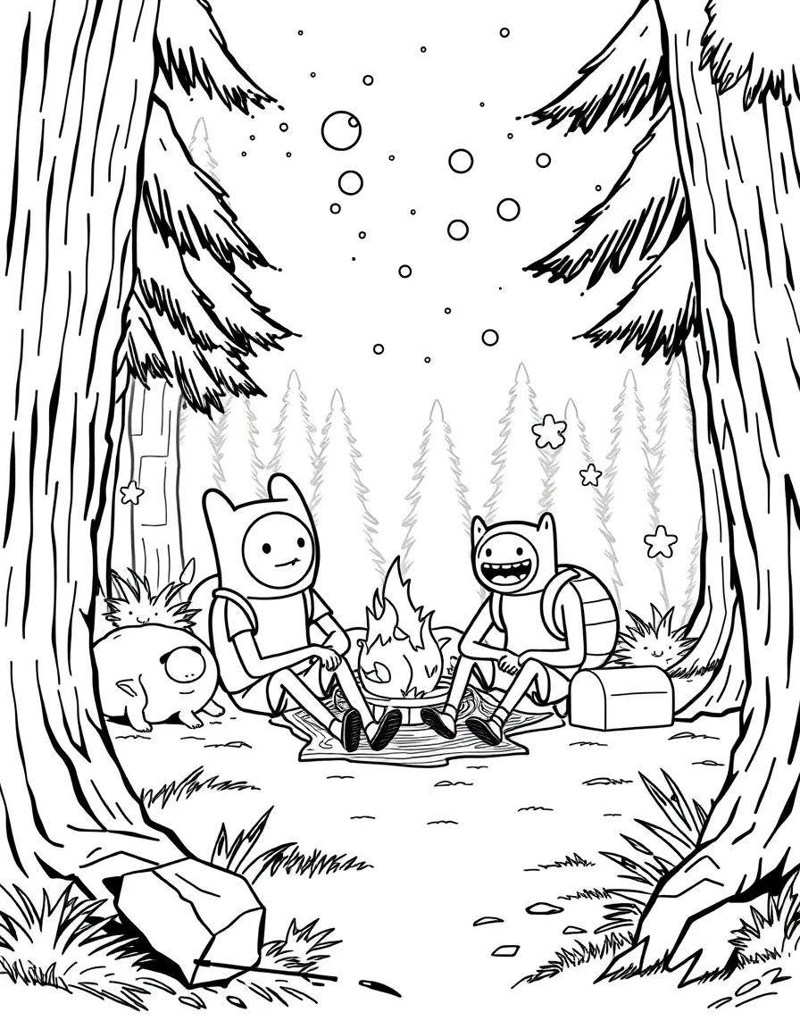 Finn and Jake camping with friends, inside a comic book frame.