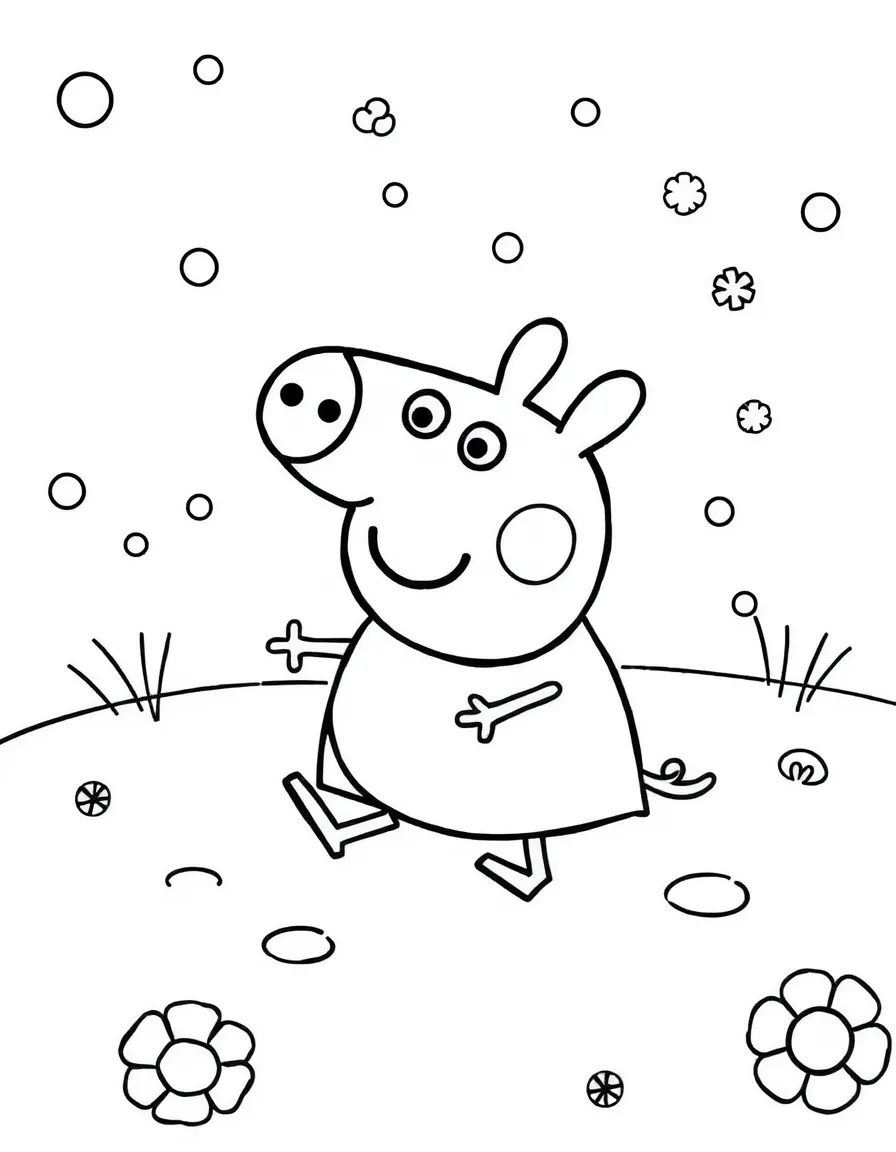 Peppa Pig playing in the snow, with playful patterns around.