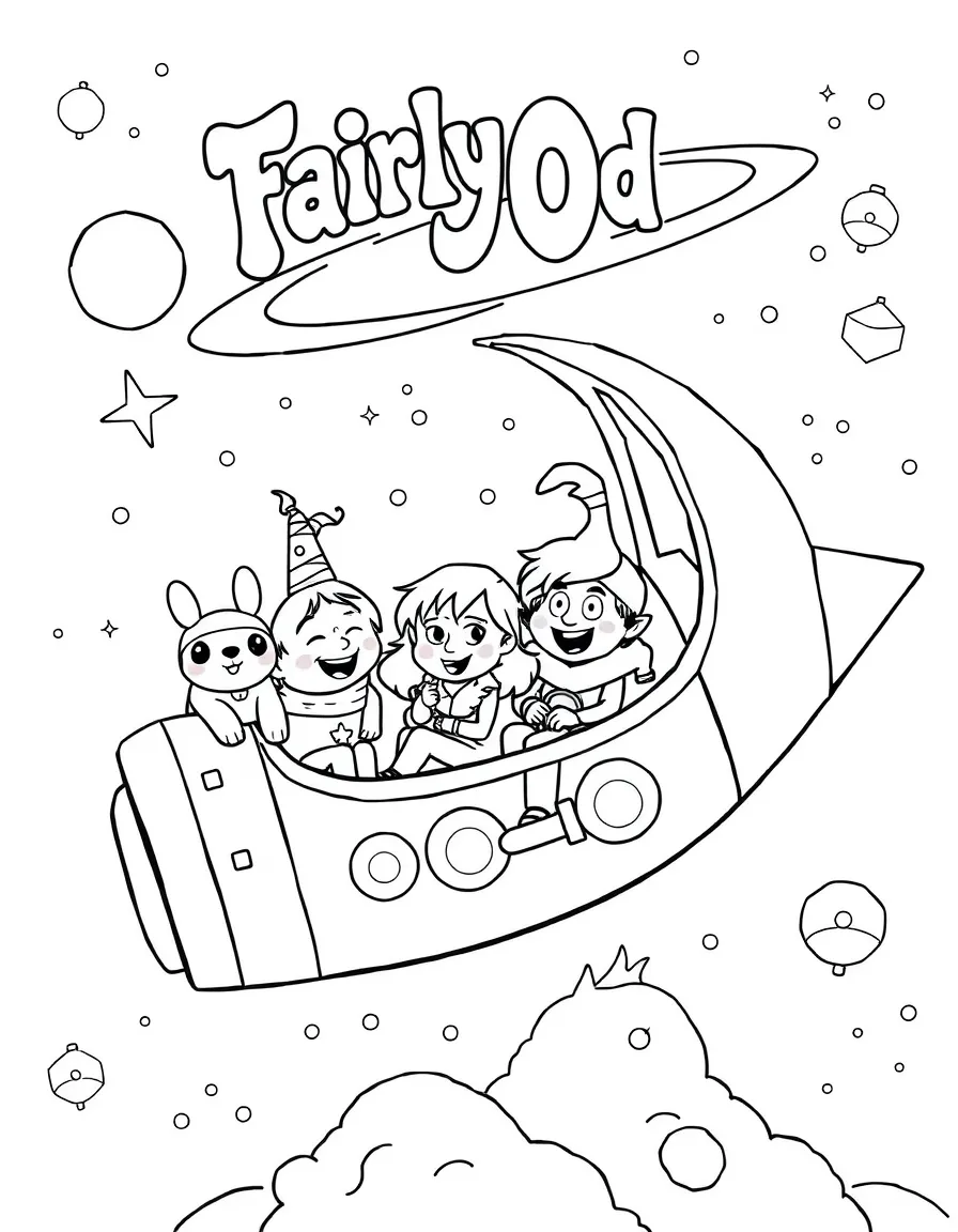Fairly OddParents exploring space in a rocket, surrounded by friendly animals.