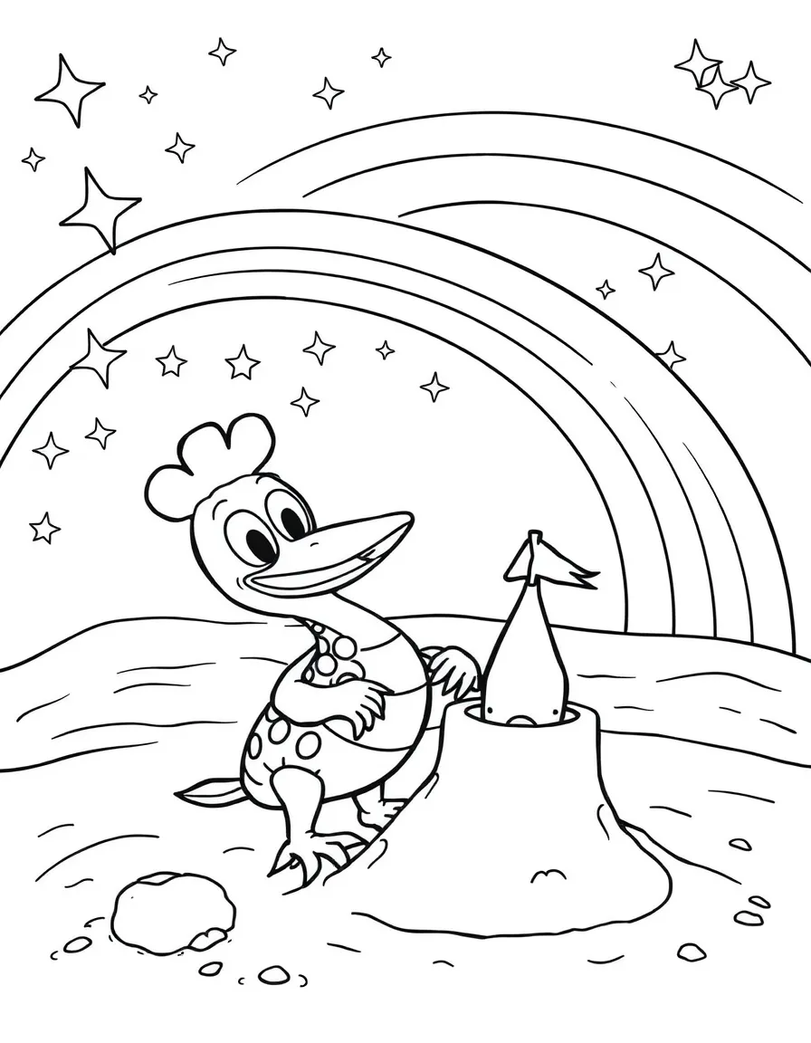 Perry the Platypus building a sandcastle, with stars and rainbows in the background.