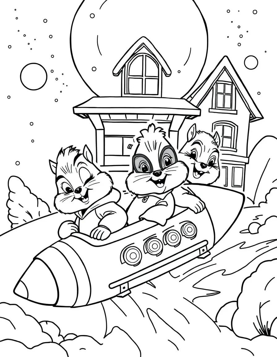 Alvin and the Chipmunks exploring space in a rocket, in front of their famous house or scene.